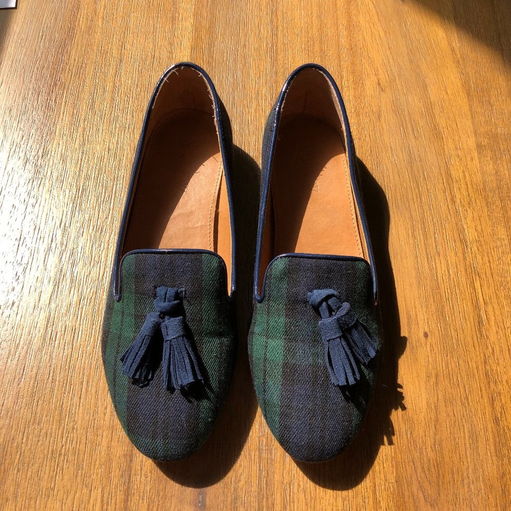 J.Crew Green and Navy Tassel Flats